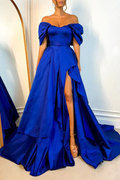 Vestido de noche estilo imperio con hombros descubiertos, corte A, cinturón y cola con abertura lateral