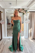 Forest Green Satin sheath-column strapless zipper-back floor-length Dress Front View - Jimiss