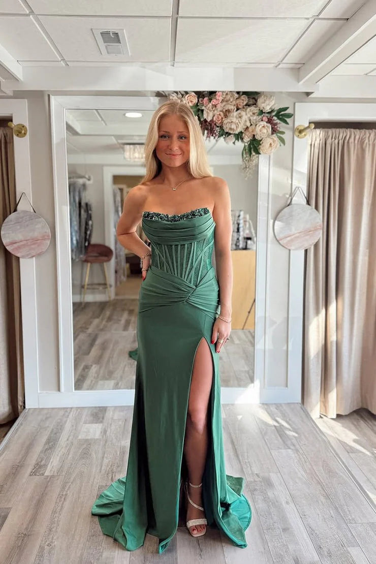 Forest Green Satin sheath-column strapless zipper-back floor-length Dress Front View - Jimiss