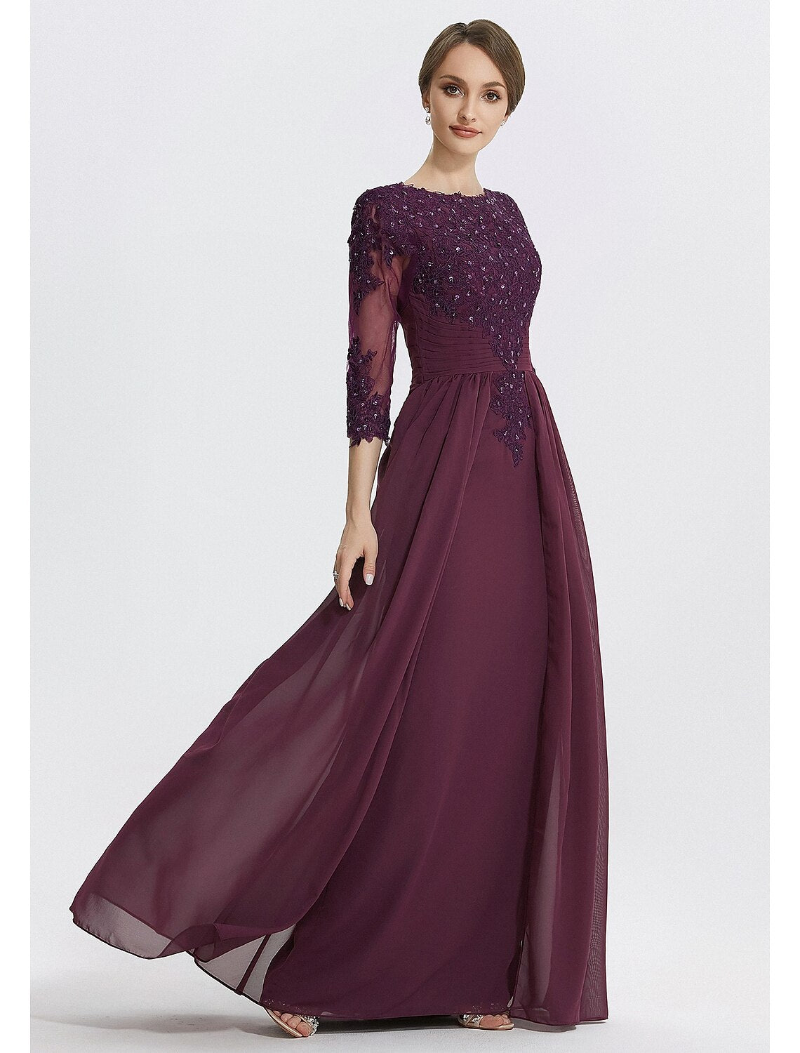 Vestido de Madre de la Novia de Corte A, Formal, para Invitadas de Boda, Elegante, con Cuello Joya, Largo hasta el Suelo, de Gasa, con Encaje, Mangas 3/4 con Encaje, Color Sólido