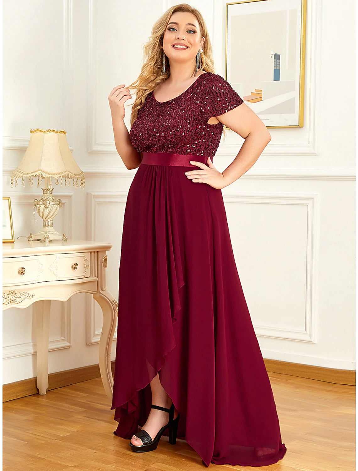 Abito da sera formale elegante in chiffon asimmetrico con scollo a V e maniche corte, taglie forti, stile A-line con paillettes