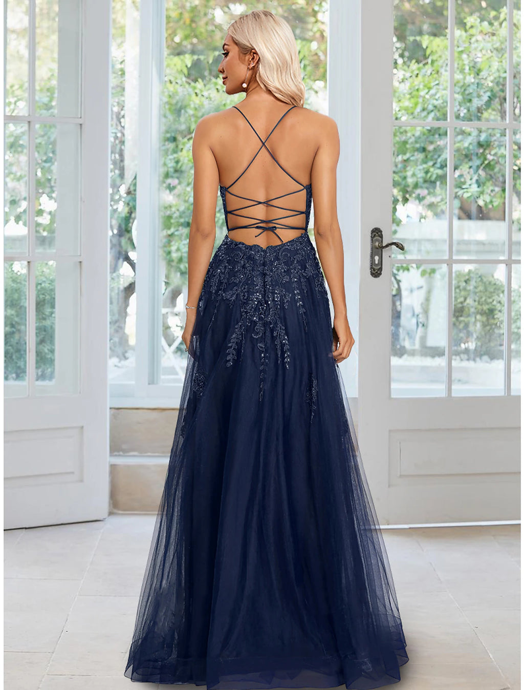 Dark Navy Tulle A-Line Floor-Length Sweetheart Backless Bridesmaid Dress with Lace & Sequins