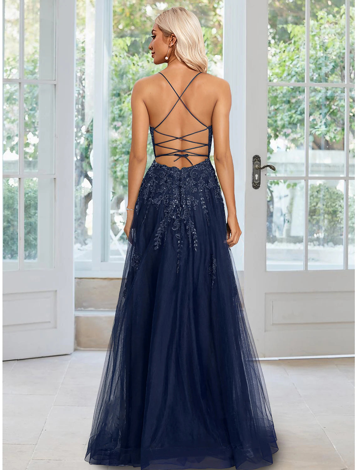Dark Navy Tulle A-Line Floor-Length Sweetheart Backless Bridesmaid Dress with Lace & Sequins