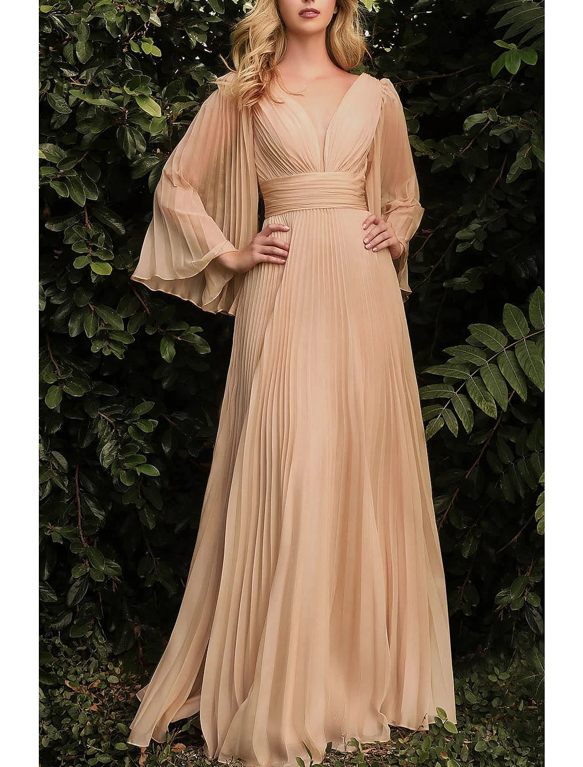 Sheath / Column Wedding Guest Dresses Elegant Dress Wedding Guest Floor Length Long Sleeve V Neck Chiffon with Pleats Ruched 2025