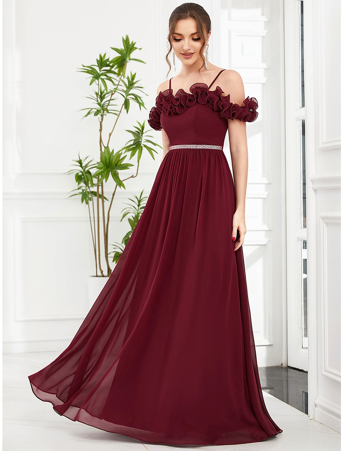 Off-the-Shoulder Ruffled Burgundy Chiffon A-Line Floor-Length Bridesmaid Dress
