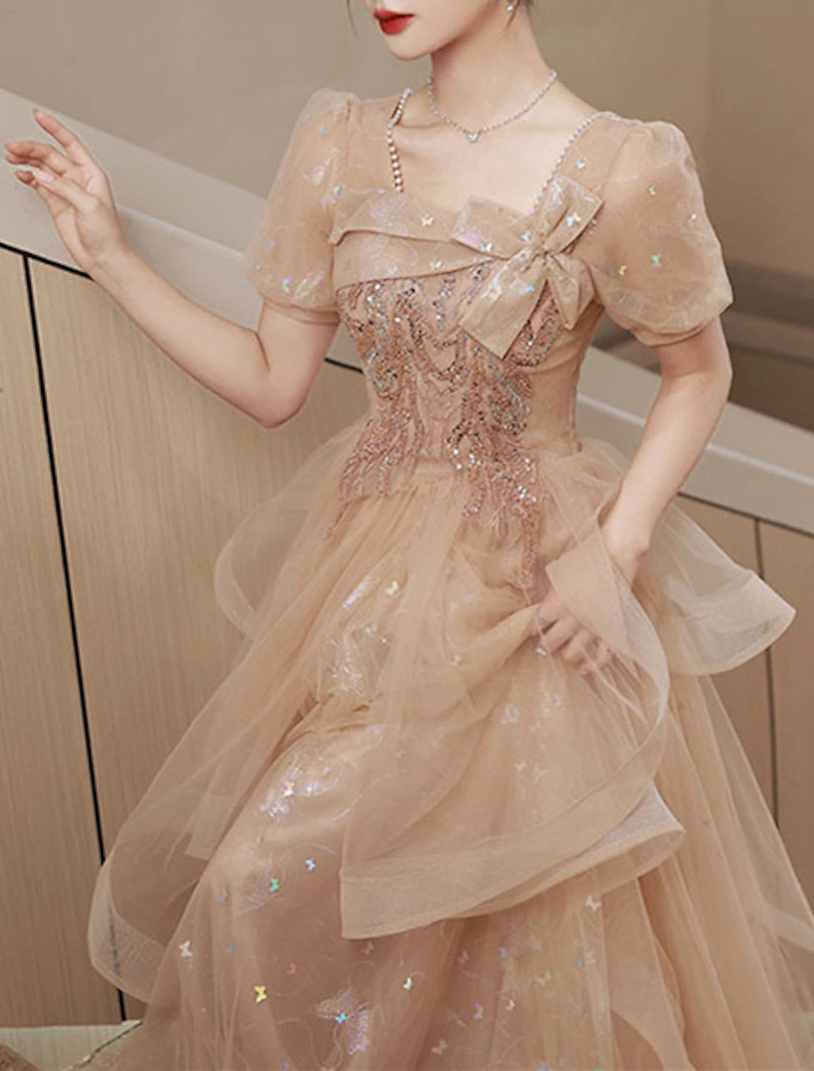 Champagne Tulle A-Line Square Neck Floor-Length Evening Dress
