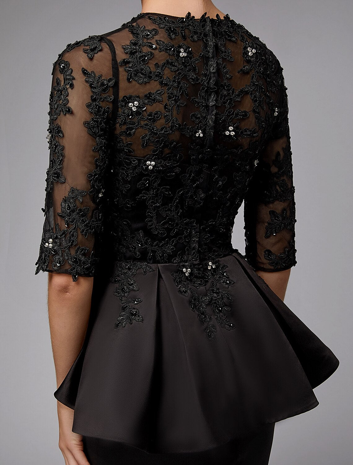 Vestido de sirena/trompeta para madre de la novia, sexy, transparente, con escote joya, cola larga/cepillo, encaje satinado, media manga con apliques de cuentas