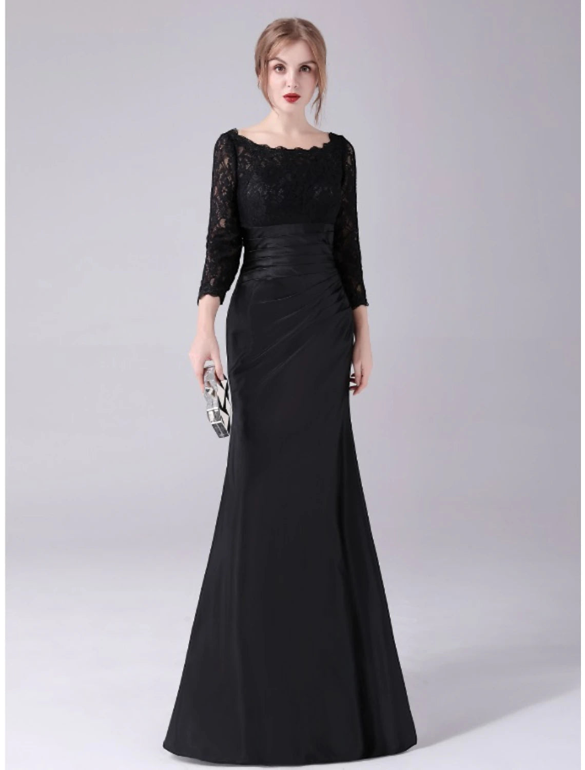 Vestido de sirena/trompeta para madre de la novia, talla grande, elegante, cuello joya, largo hasta el suelo, satén, manga 3/4 con fruncido de encaje