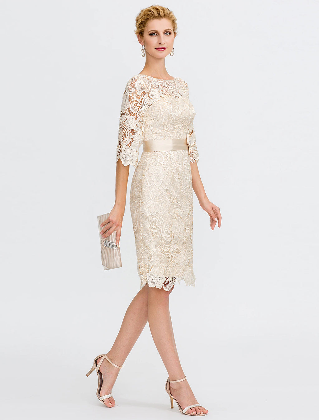 Champagne Lace Mother Of The Bride Knee-Length Dress | Boat Neck Sheath