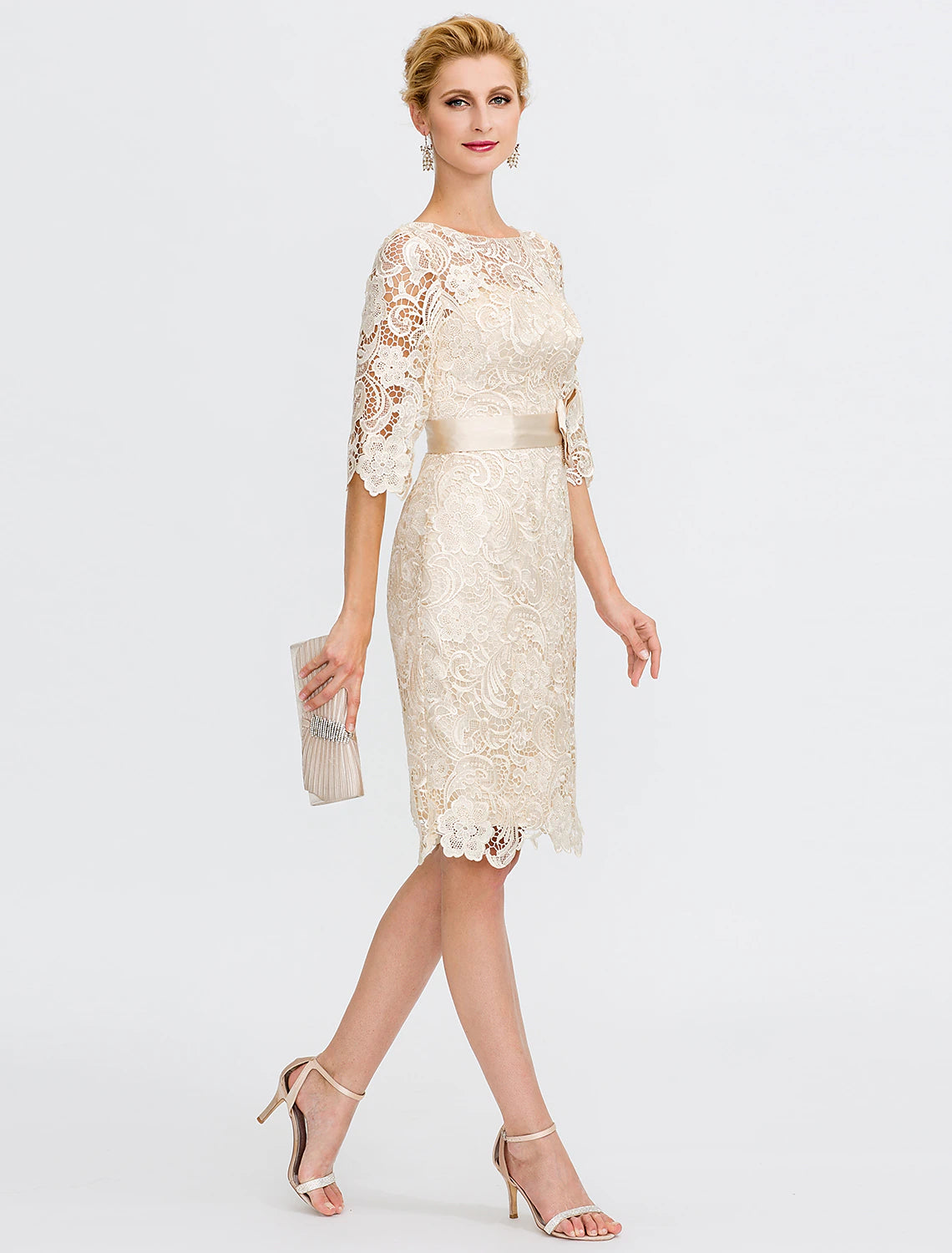 Champagne Lace Mother Of The Bride Knee-Length Dress | Boat Neck Sheath