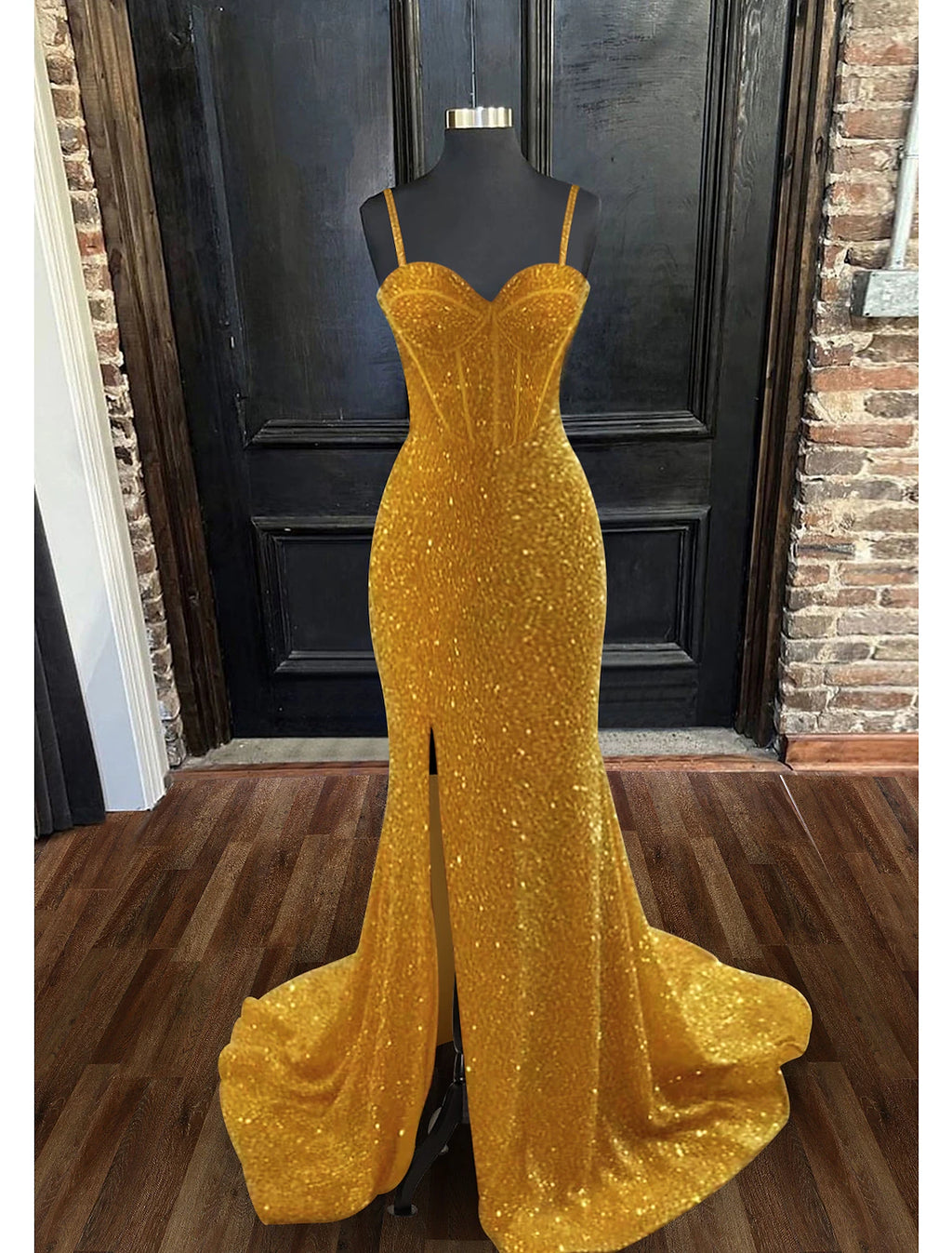 Gold Glitter Mermaid Sweetheart Floor-Length Evening Dress