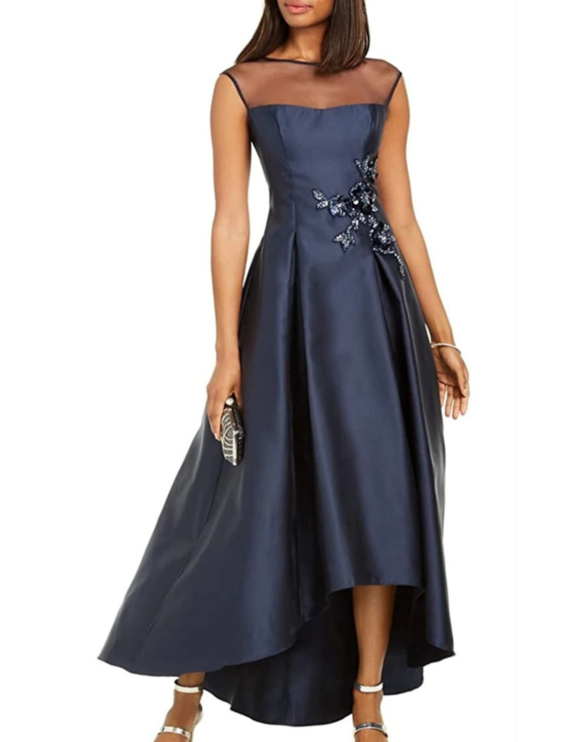Dark Navy Satin A-Line Asymmetrical Illusion Neck Evening Dress with Beaded Embellishment