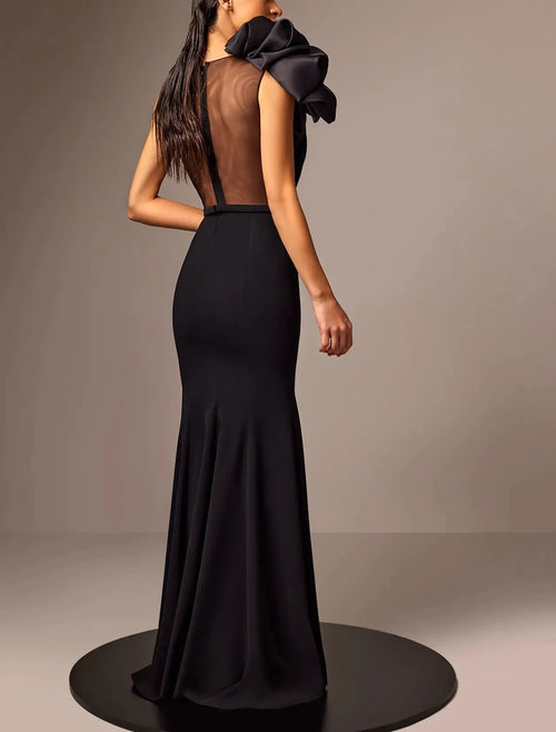 Black Crepe Mermaid Floor-Length Evening Dress with Illusion Neckline & Sculptural Ruffle