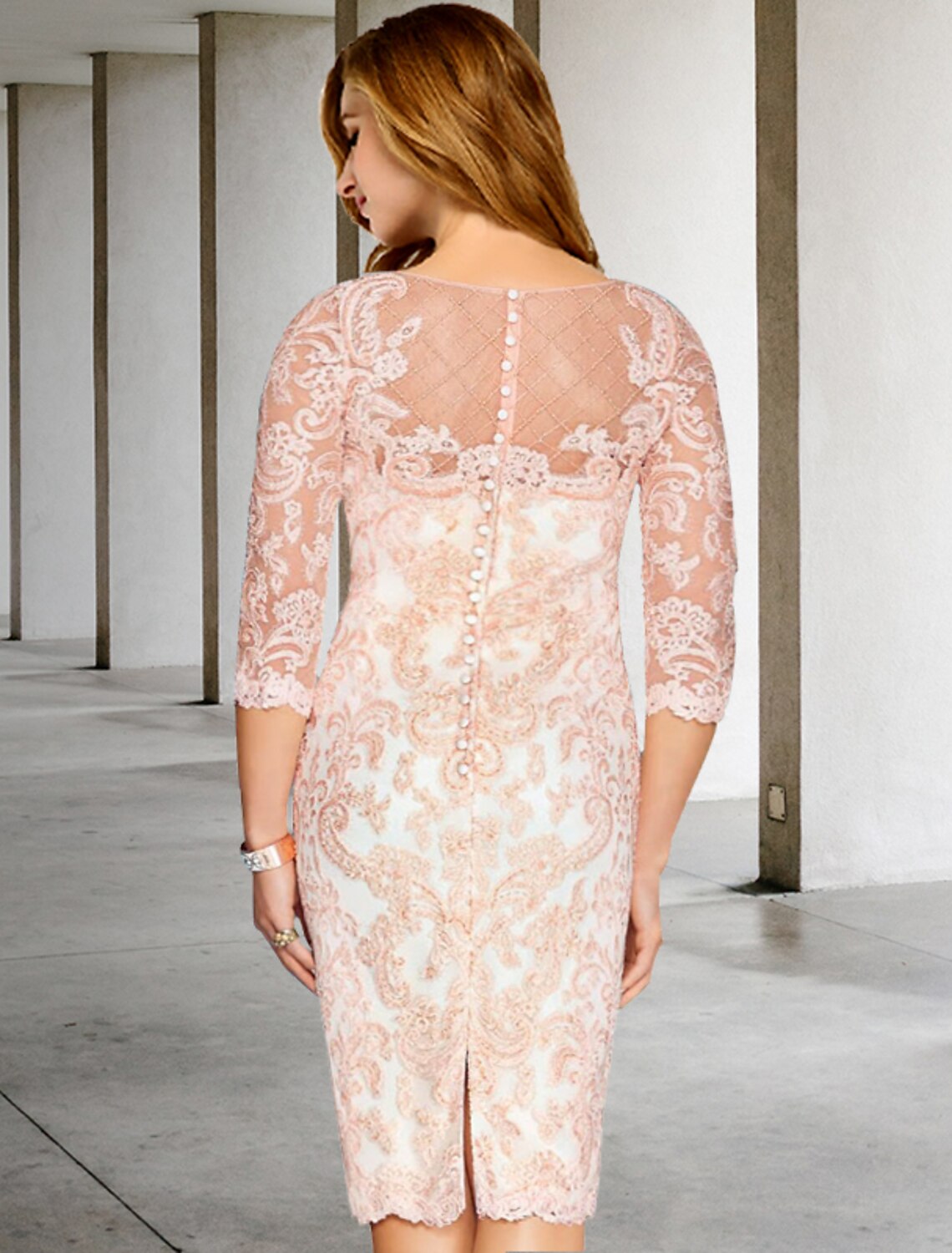 Vestido de dos piezas para madre de la novia, corte tubo/columna, talla grande, con curvas ocultas en el vientre, elegante, formal, largo hasta la rodilla, media manga, cuello joya, gasa con apliques de cuentas