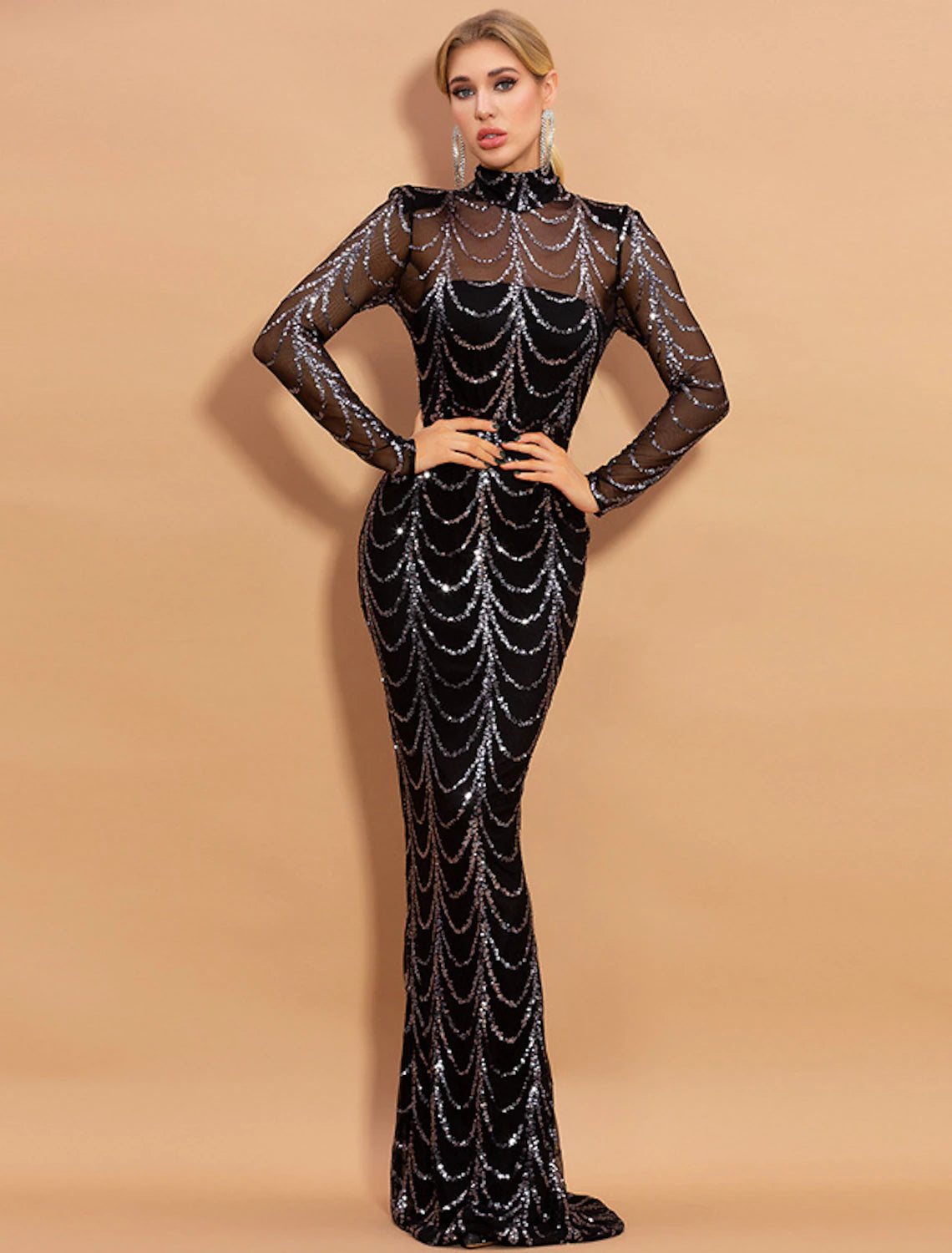 Vestido de noche de sirena/trompeta con brillo y destellos, vestido formal para invitada de boda, cola larga, cuello alto, tul afroamericano con lentejuelas
