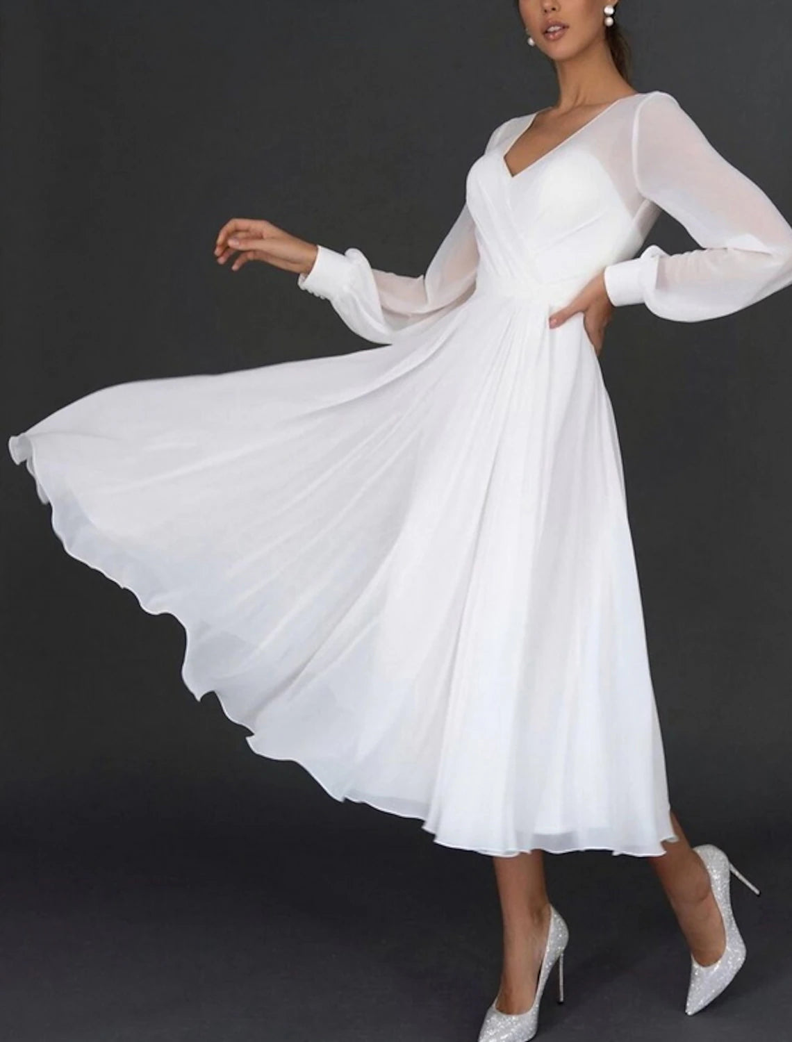 White Chiffon V-Neck A-Line Midi Bridesmaid & Wedding Guest Dress