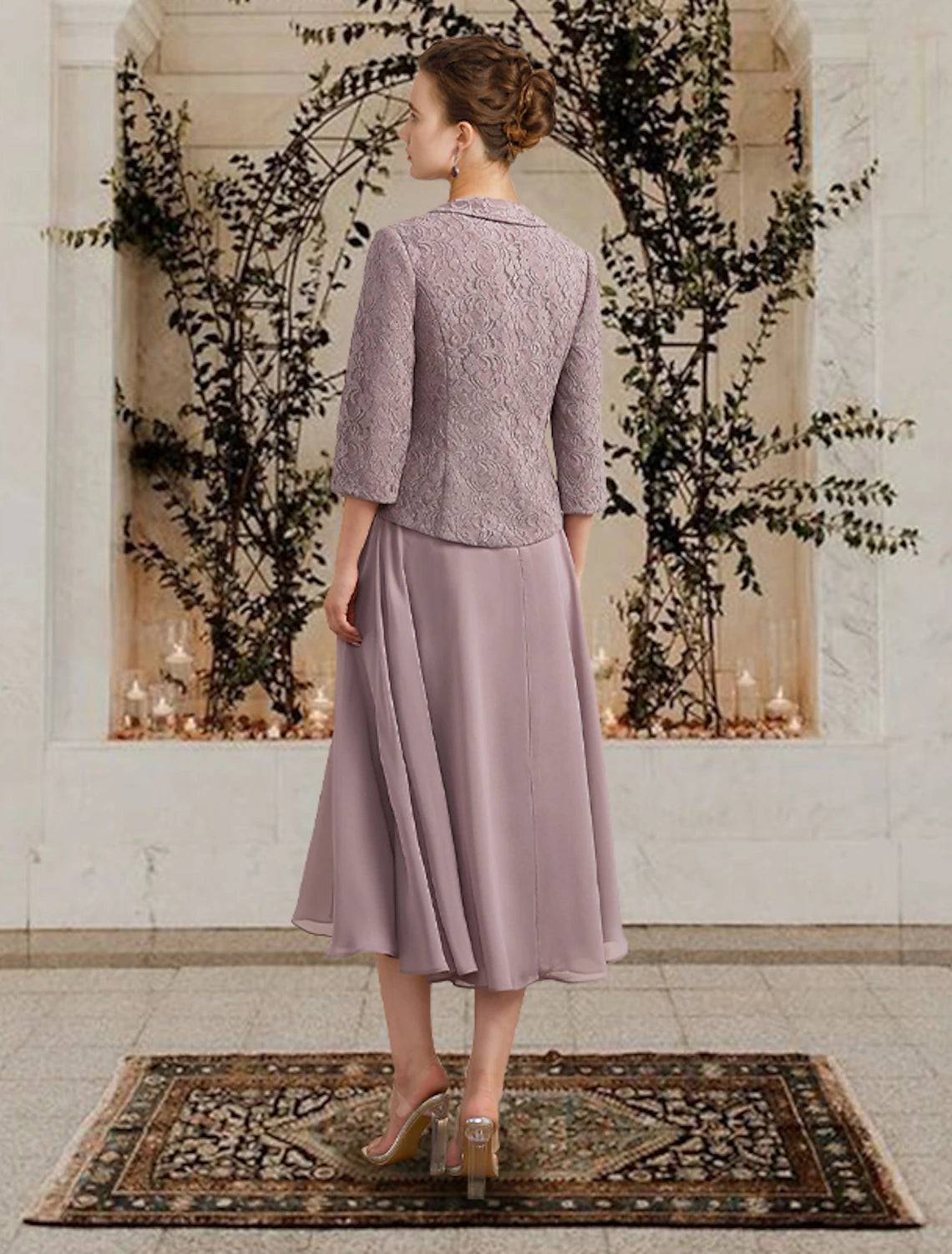 Vestido de dos piezas de corte A para madre de la novia, elegante, estilo iglesia, cuello joya, largo hasta el suelo, largo hasta la rodilla, de gasa, con encaje, sin mangas, chaqueta corta, vestidos con volantes y apliques