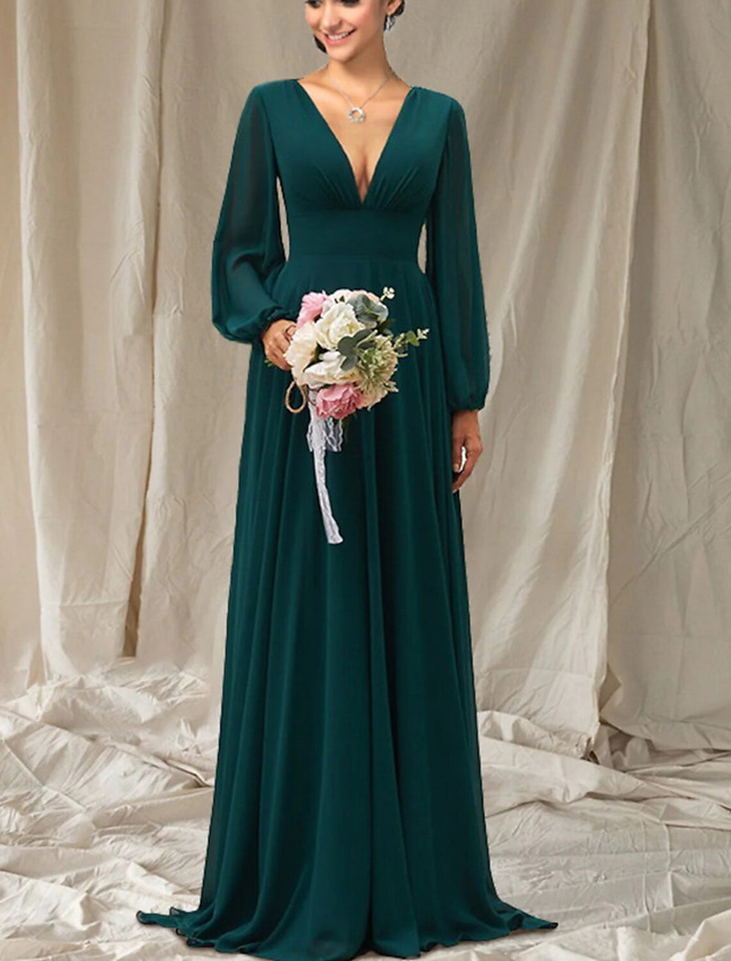 Forest Green Chiffon A-Line Floor-Length Bridesmaid Dress with Deep V-Neck and Bishop Sleeves