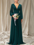 Forest Green Chiffon A-Line Floor-Length Bridesmaid Dress with Deep V-Neck and Bishop Sleeves
