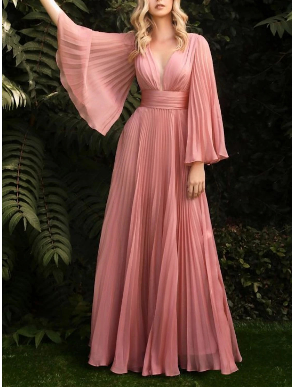 Sheath / Column Wedding Guest Dresses Elegant Dress Wedding Guest Floor Length Long Sleeve V Neck Chiffon with Pleats Ruched 2025