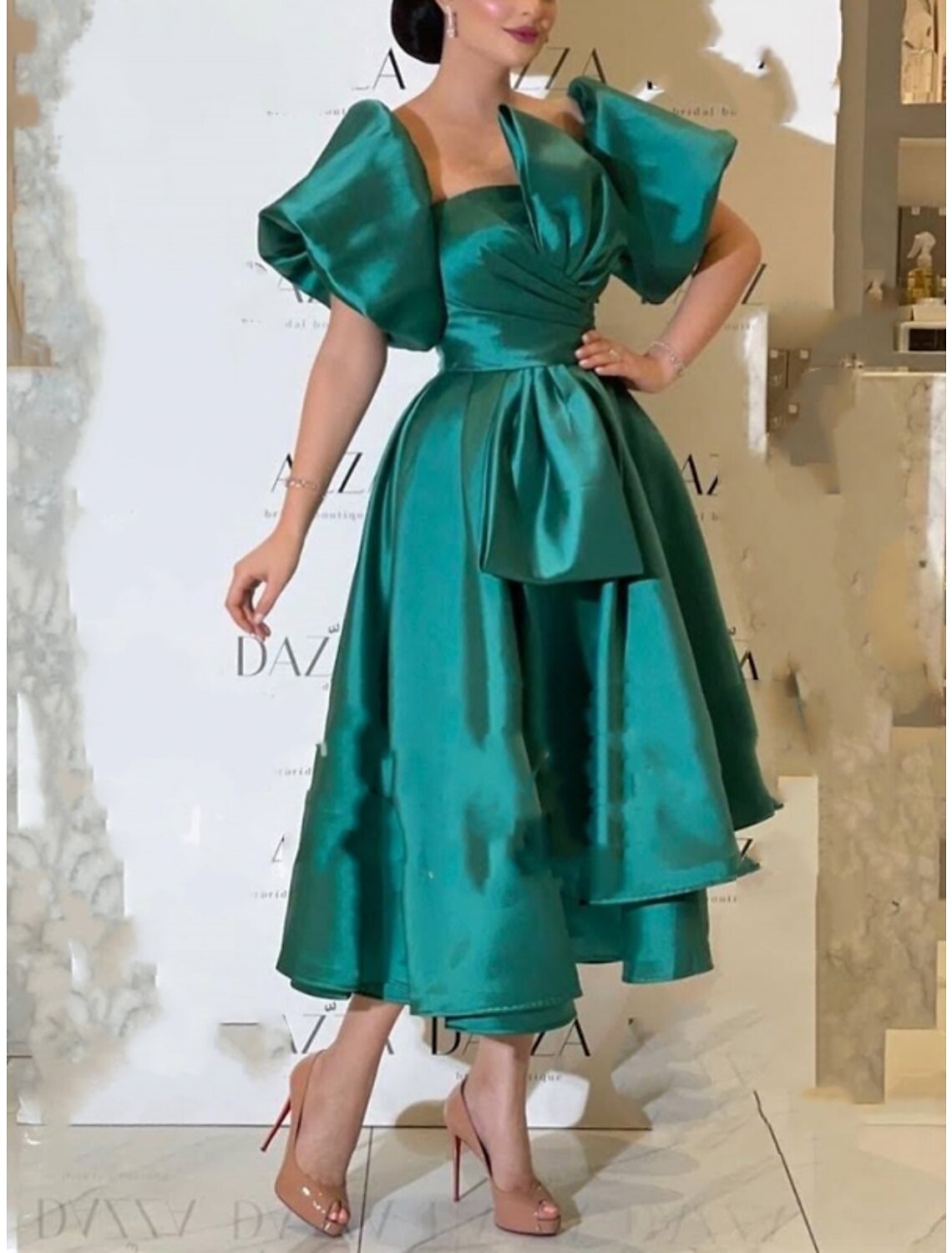 A-Line Cocktail Dresses Vintage Dress Formal Wedding Guest Tea Length Short Sleeve Square Neck Satin with Pleats Butterfly