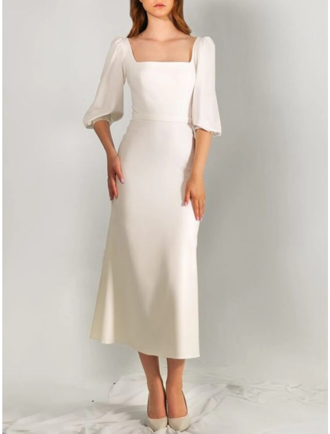 Vestidos de novia blancos cortos, corte A, escote cuadrado, media manga, largo hasta la rodilla, de satén, color liso