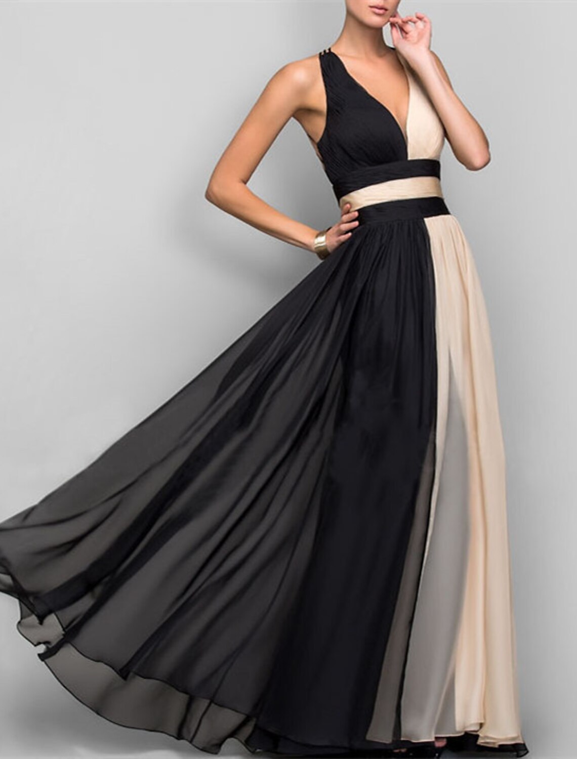 Vestido de noche de corte A con bloques de color, para recepción de boda, largo hasta el suelo, sin mangas, cuello en V, de gasa con fruncido