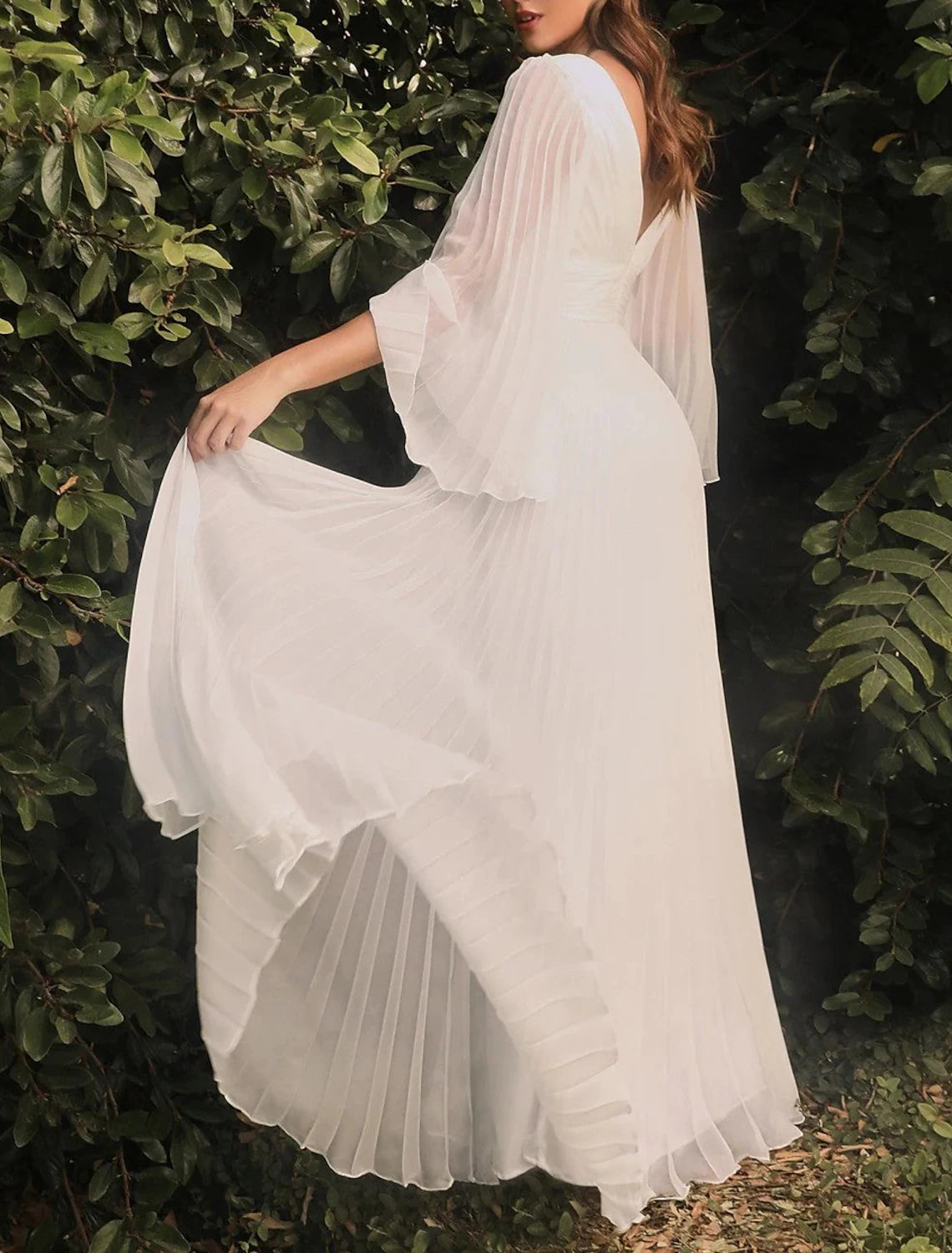 Vestidos de novia casuales de playa, corte A, escote en V, manga larga, largo hasta el suelo, de gasa, con color sólido