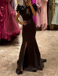 Vestido de noche estilo celebridad, estilo sirena/trompeta, para Navidad, con cola larga y escote en V, de satén con abertura.