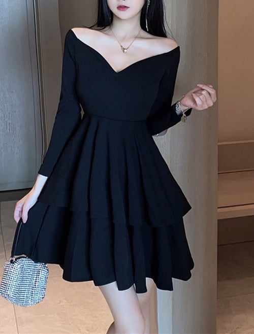 Vestido de fiesta de cóctel con hombros descubiertos, corte A, fruncido, en negro, rojo y blanco, de manga larga, en capas, corto, para primavera y verano