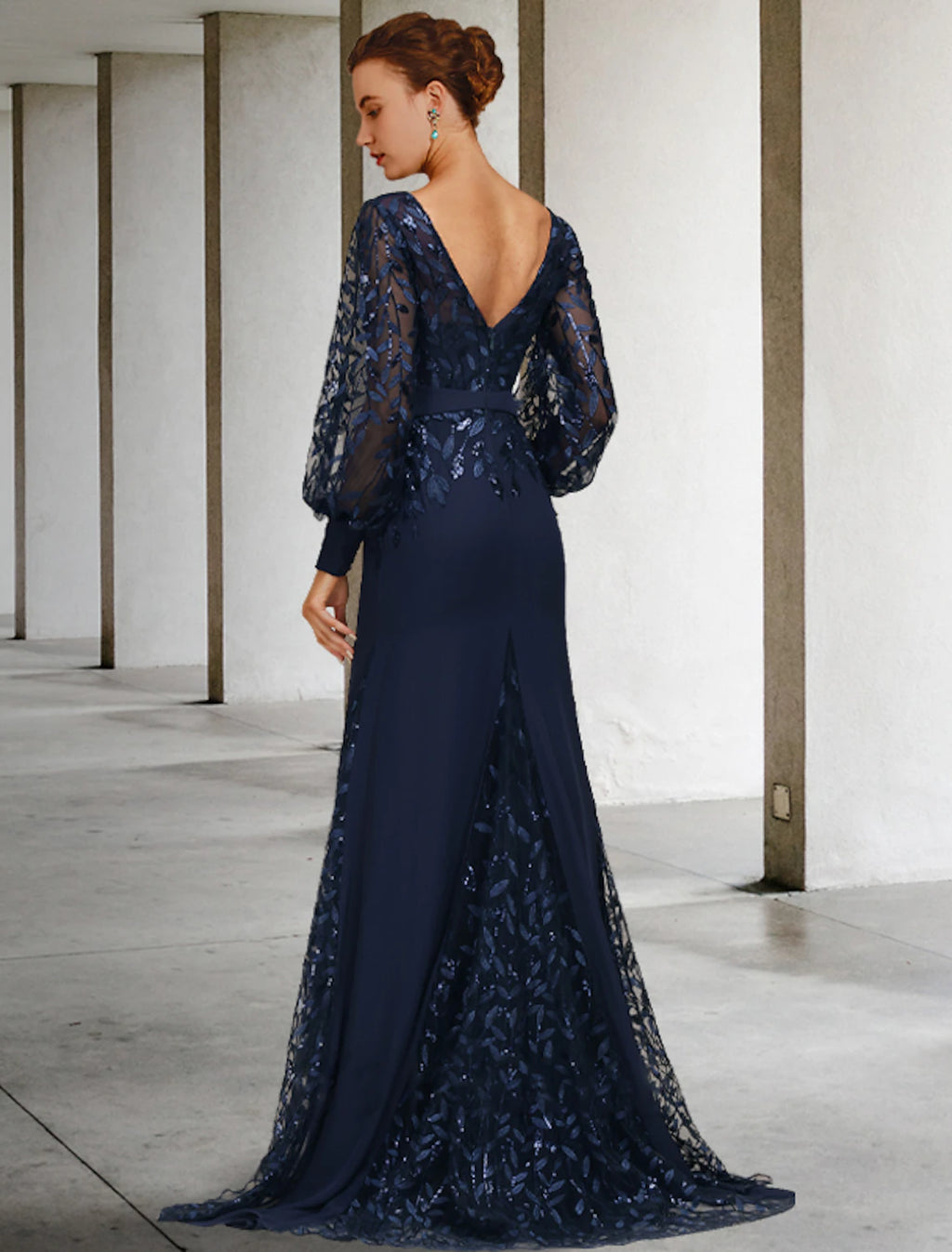 Dark Navy Chiffon Leaf Embroidery Balloon Sleeve Sheath/Column Evening Dress