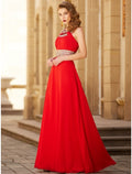 Red Chiffon A-Line Floor-Length Dress with Halter neckline and Embellished bodice