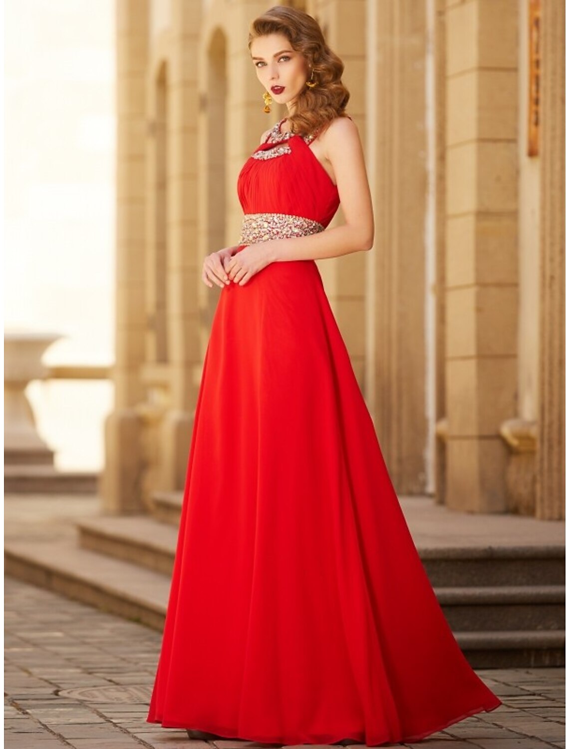 Red Chiffon A-Line Floor-Length Dress with Halter neckline and Embellished bodice