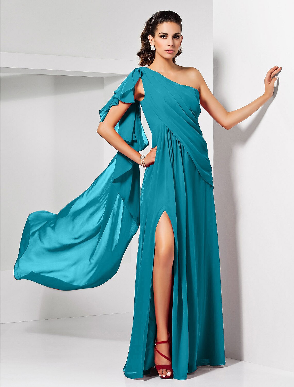 Red Chiffon A-Line Floor-Length Dress with One Shoulder & High Slit