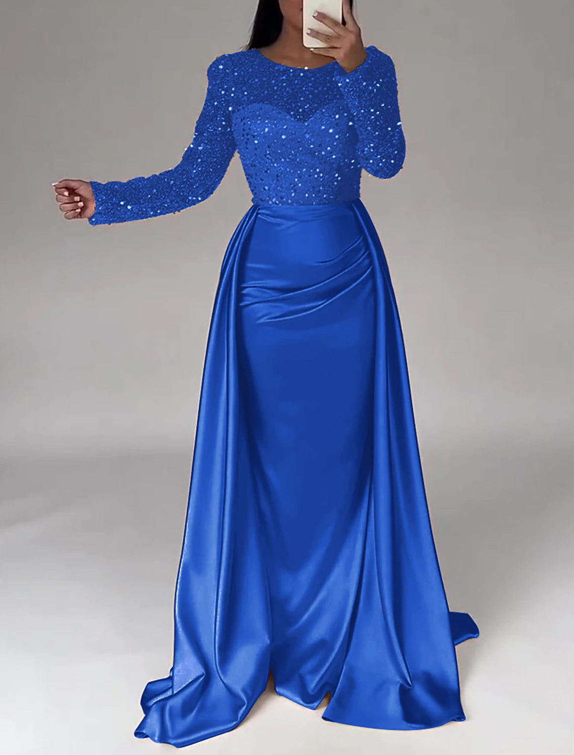 Ivory Satin Sheath/Column Gown with Illusion Sequin Sleeves