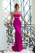 Fuchsia Magenta Satin Mermaid Square Neck Low Back Floor-Length Dress Front View - Jimiss