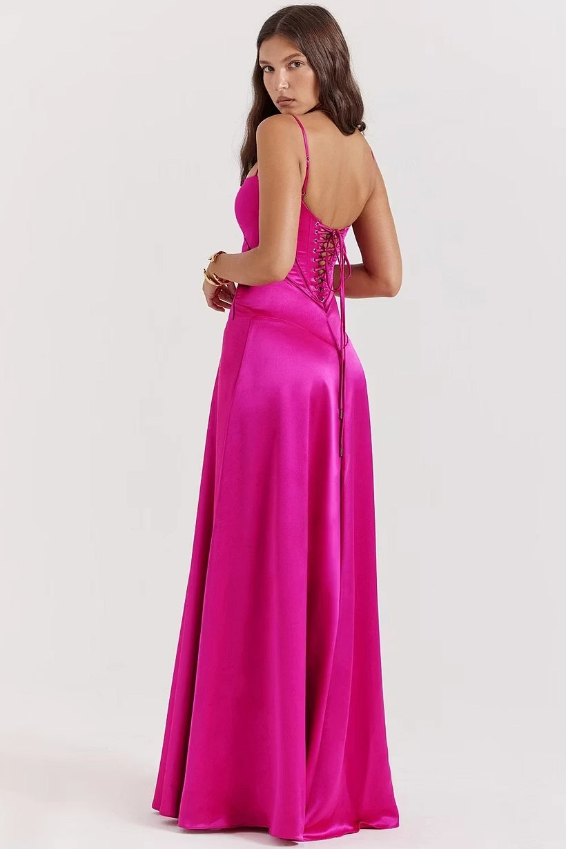 Fuchsia Pink Satin A-Line Straight Across Lace-Up Back Floor Length Dress Back View - Jimiss