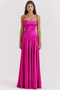 Fuchsia Pink Satin A-Line Straight Across Lace-Up Back Floor Length Dress Front View - Jimiss