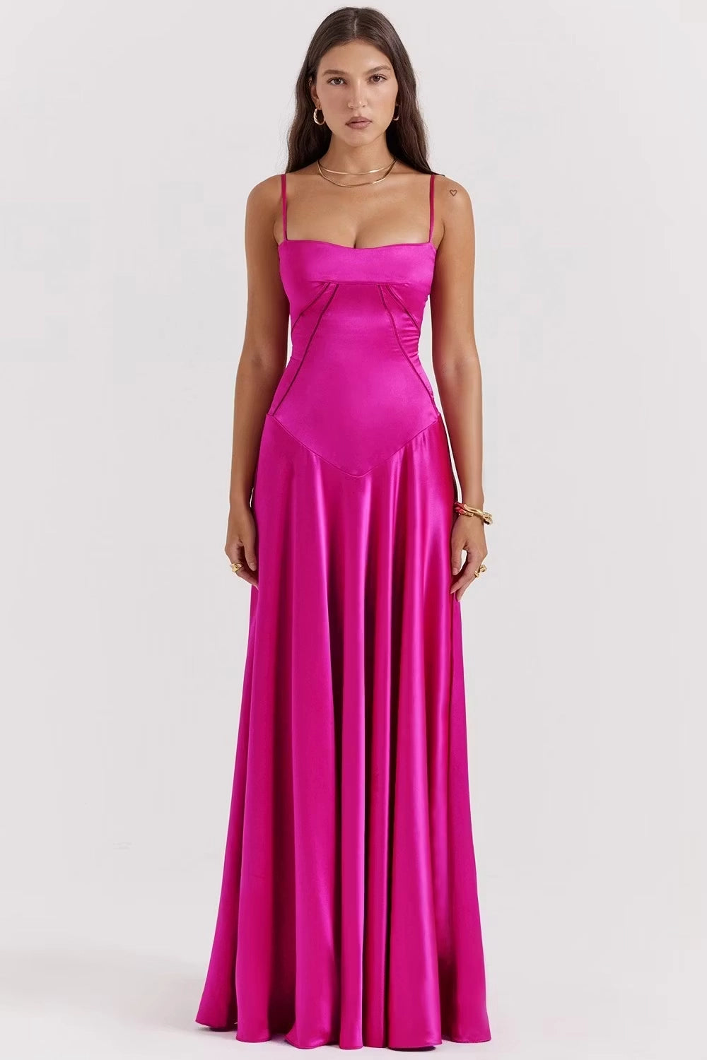 Fuchsia Pink Satin A-Line Straight Across Lace-Up Back Floor Length Dress Front View - Jimiss