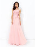 Blushing Pink Chiffon A-Line Floor-Length Bridesmaid Dress with Illusion Neck and Back Zip