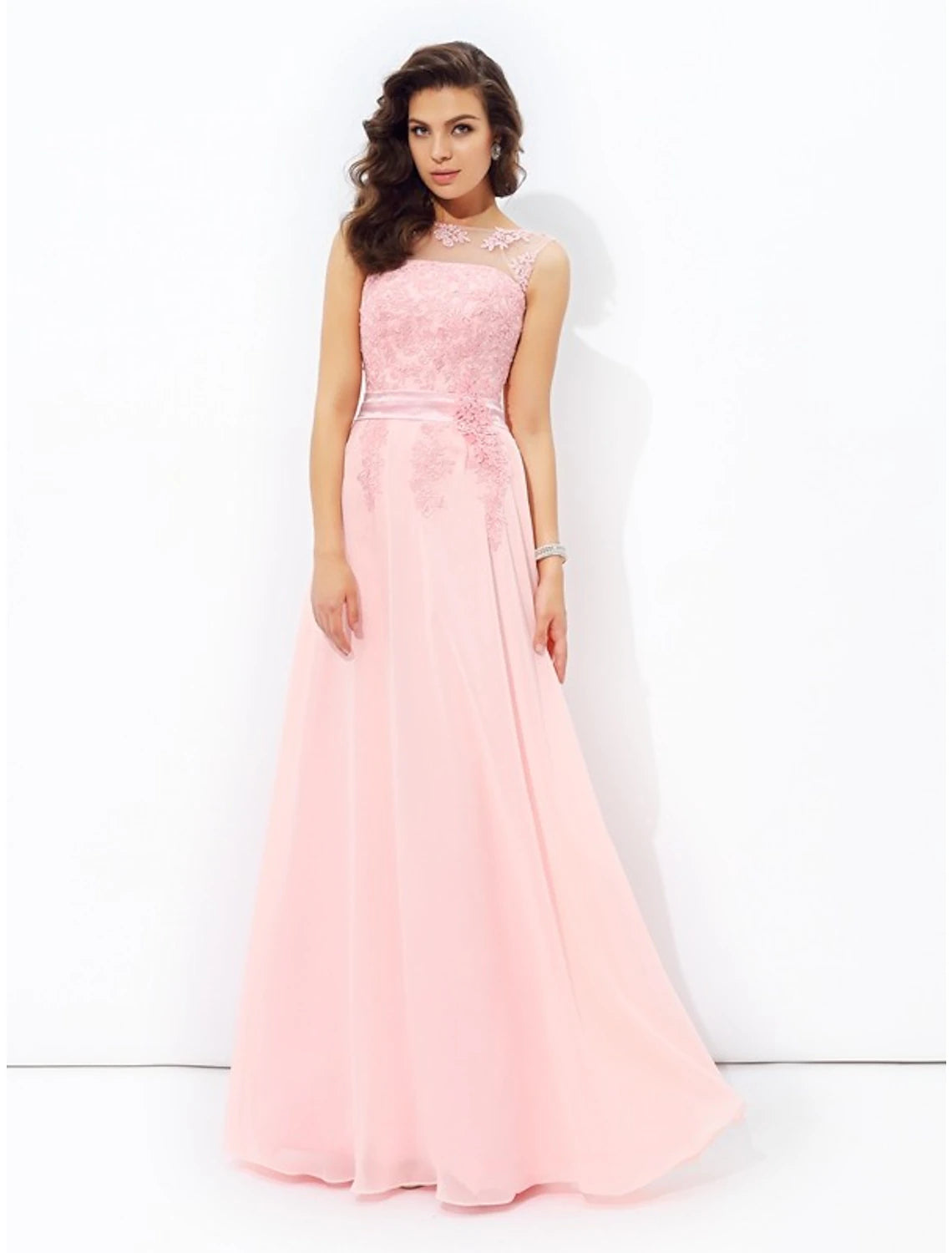 Blushing Pink Chiffon A-Line Floor-Length Bridesmaid Dress with Illusion Neck and Back Zip