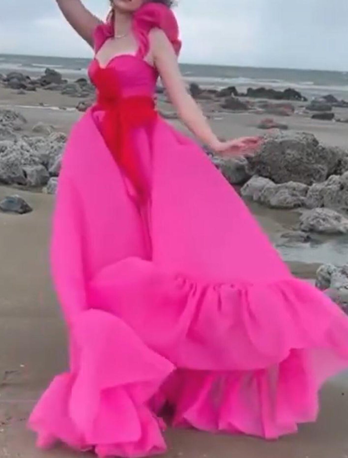 Vestido de noche de fiesta, alto bajo, quinceañera, asimétrico, sin mangas, escote cuadrado, organza con lazo(s) y volantes