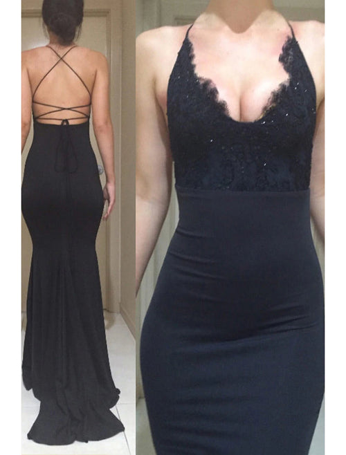Black Lace Trim V-Neck Sheath Floor-Length Evening Dress