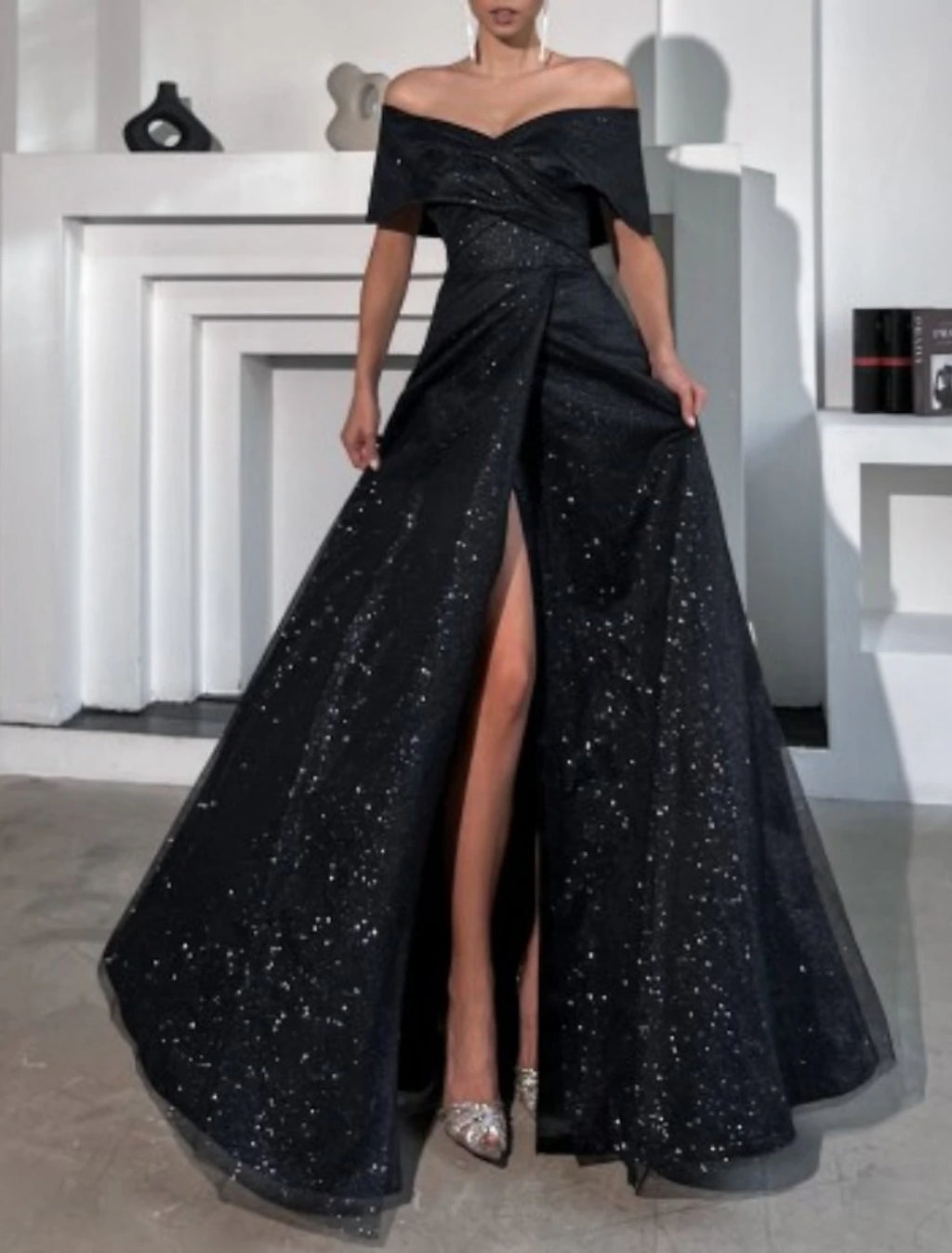 Vestido de noche de corte A, vestido de fiesta, vestido brillante, boda, graduación, largo hasta el suelo, sin mangas, hombros descubiertos, recepción de boda de otoño, tul con abertura de lentejuelas