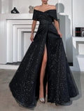Vestido de noche de corte A, vestido de fiesta, vestido brillante, boda, graduación, largo hasta el suelo, sin mangas, hombros descubiertos, recepción de boda de otoño, tul con abertura de lentejuelas