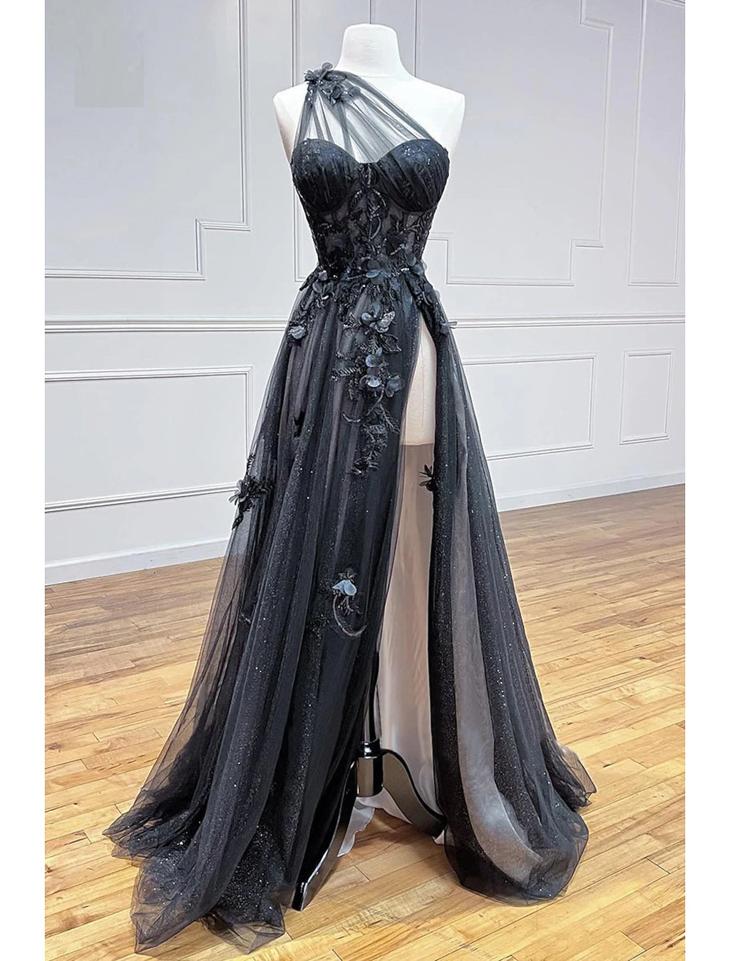 Black Glitter Tulle A-Line One Shoulder Floor-Length Dress with High Slit and Floral Appliques