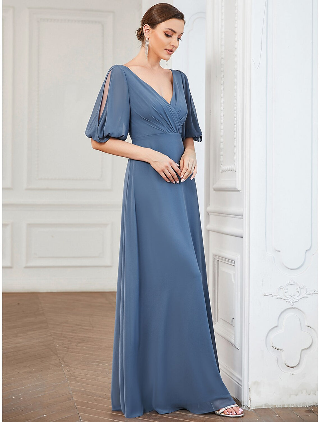 Dusty Blue Chiffon A-Line Floor-Length Bridesmaid Dress - Draped V-Neck & Flutter Sleeves