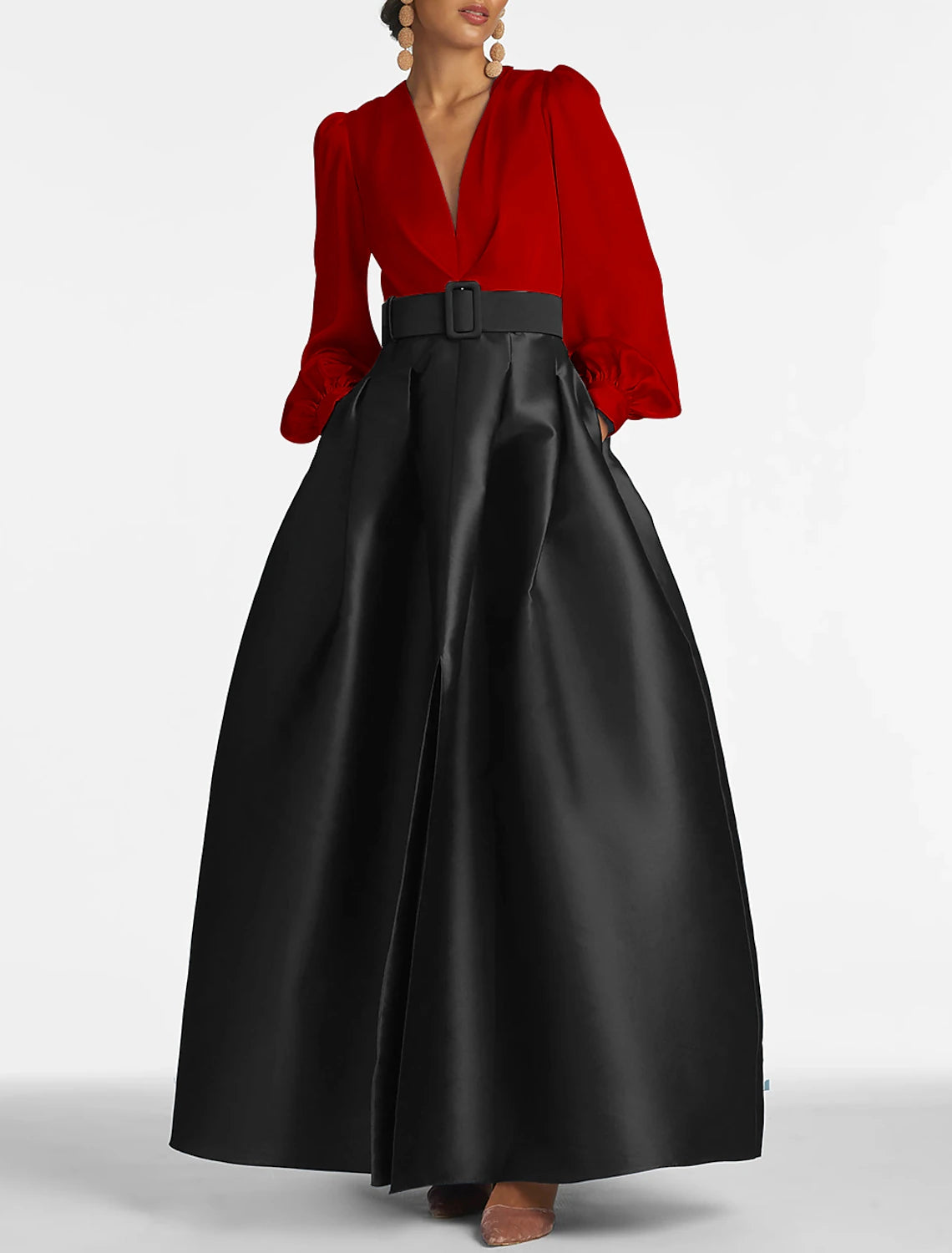 Dark Navy Satin A-Line Floor-Length Dress with V-Neck, Bishop Sleeves & Pleated Skirt