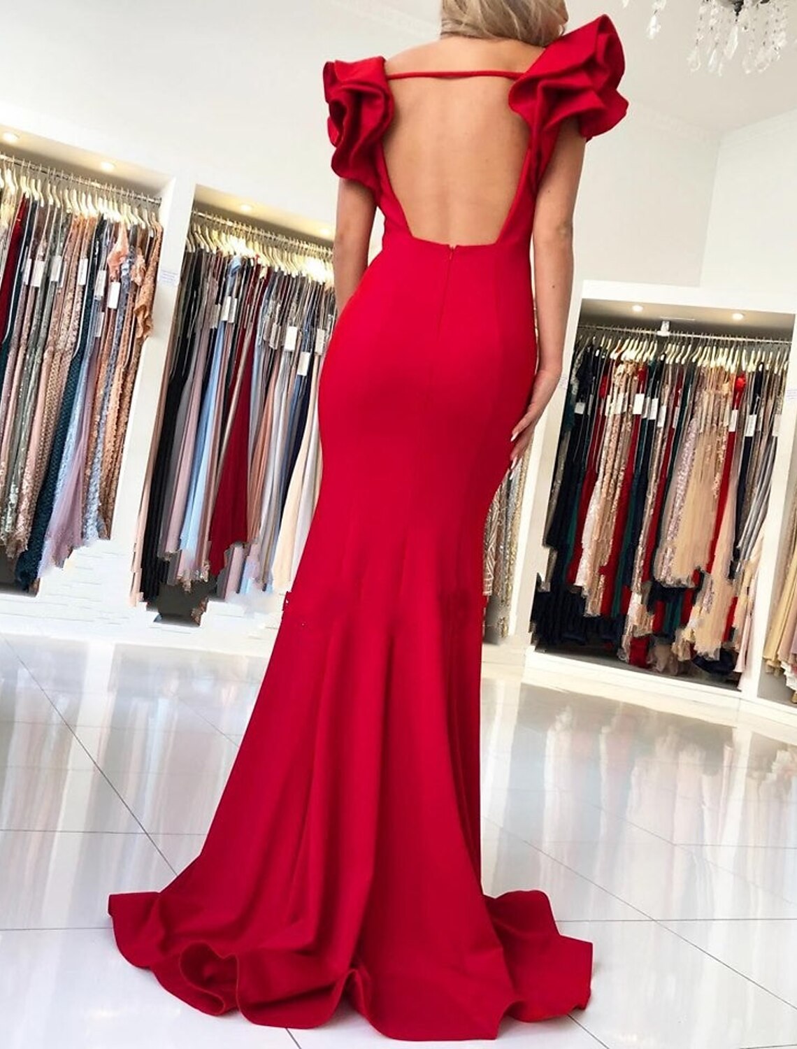 Mermaid / Trumpet Evening Gown Backless Dress Wedding Cocktail Party Sweep / Brush Train Sleeveless Square Neck  Fabric with Ruffles