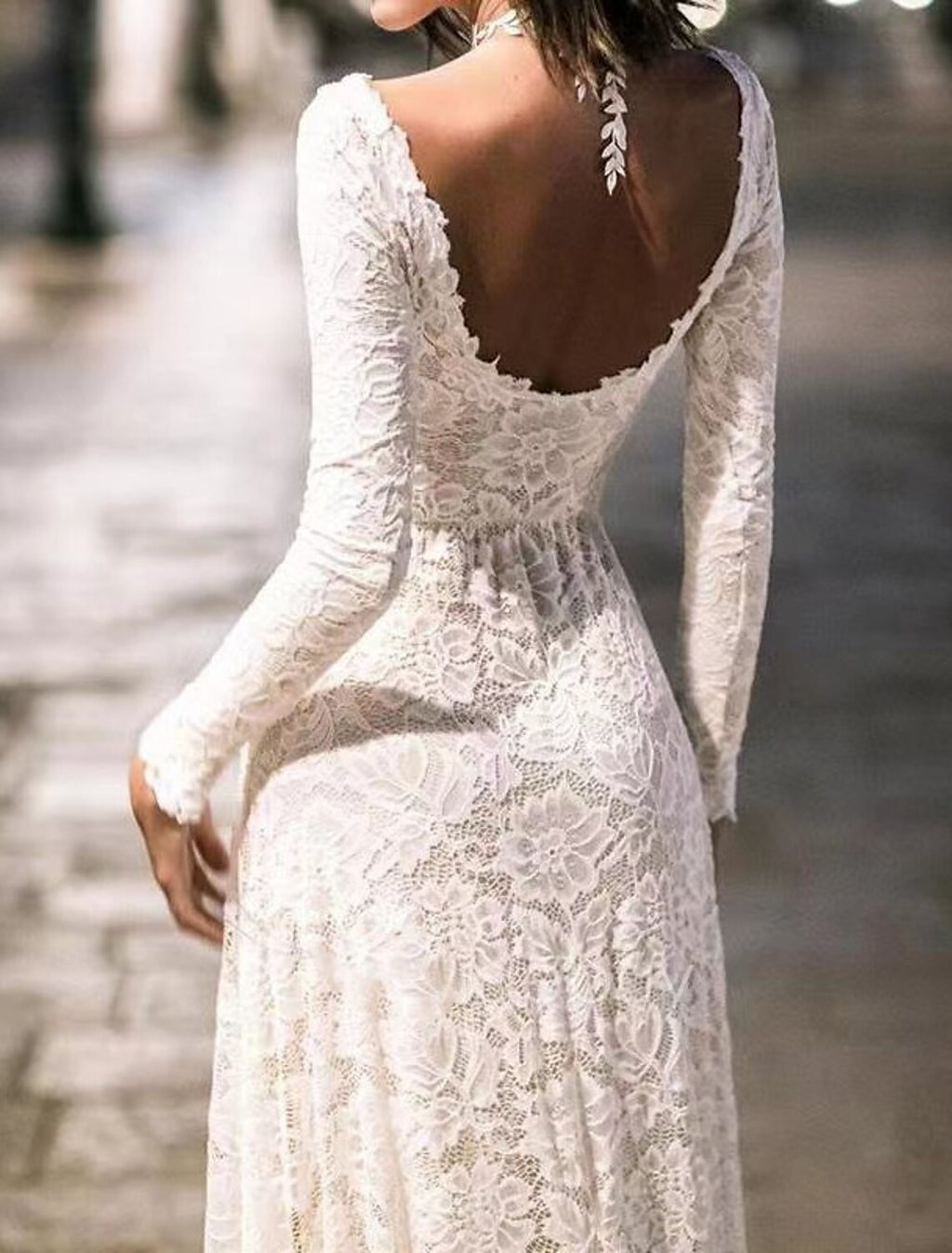 Ivory Lace A-Line High-Low Dress with Boat Neck and Lace Overlay